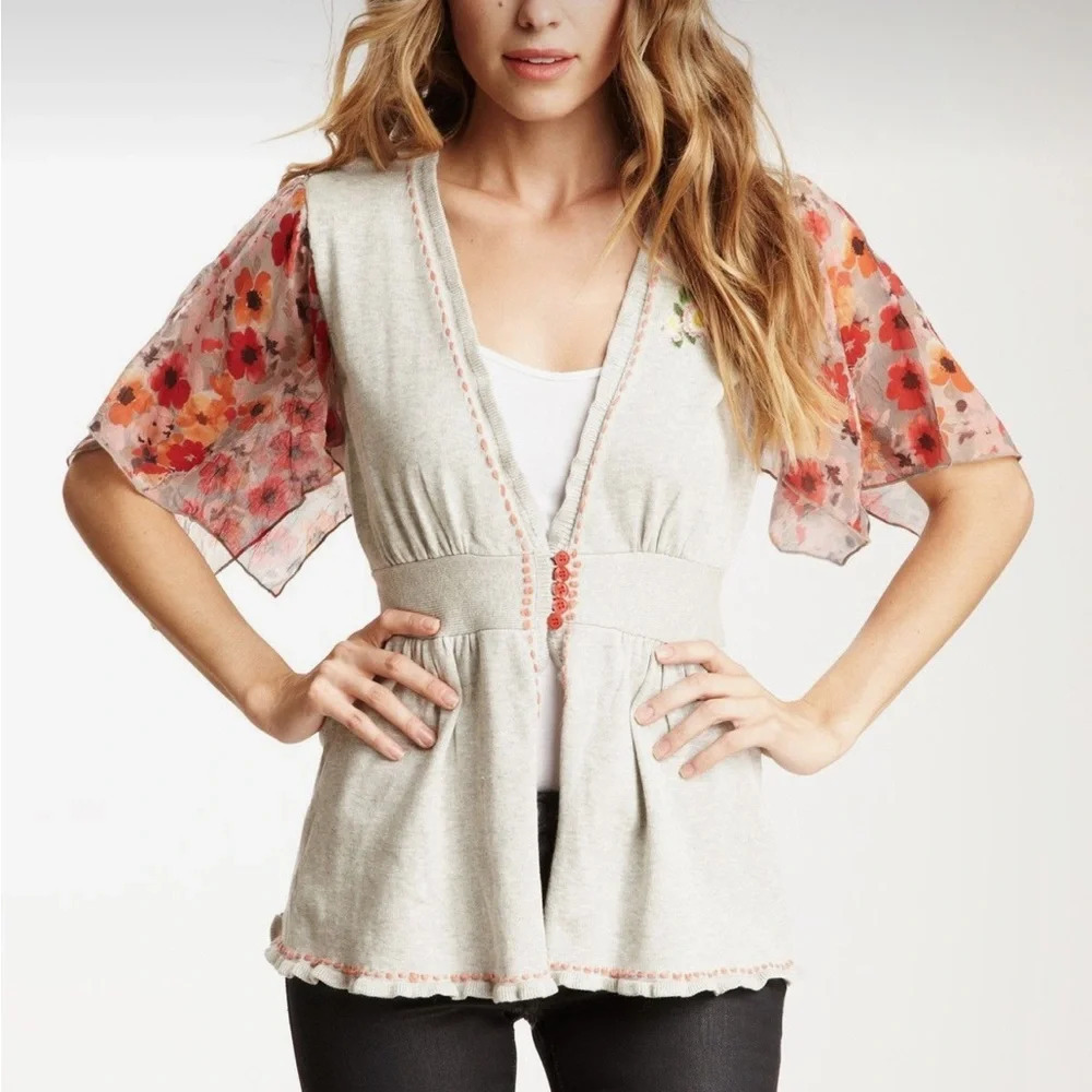 Nick & Mo Cotton Blooming Flutter Sleeve Embroidered Floral Cardigan